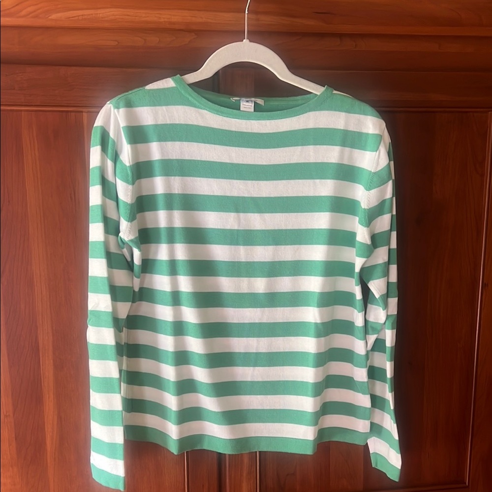 Green and White Long Sleeve Striped Tee